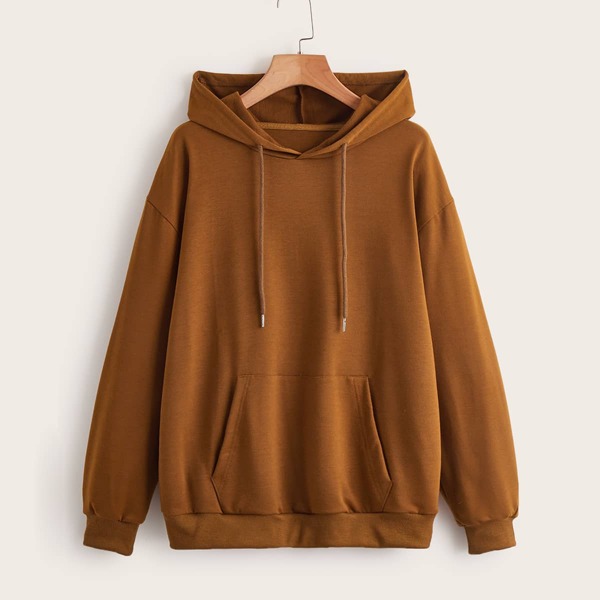 

Solid Pocket Front Drawstring Drop Shoulder Sweatshirt, Brown