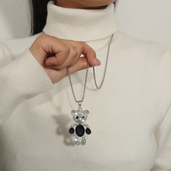 

Rhinestone Bear Charm Necklace, Silver