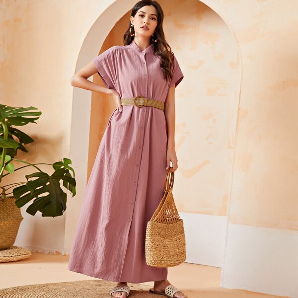 

Button Up Dolman Sleeve Shirt Dress Without Belt, Watermelon pink