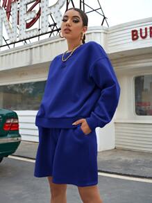 SHEIN Unity Drop Shoulder Letter Graphic Pullover & Shorts Set - Royal Blue - View 5