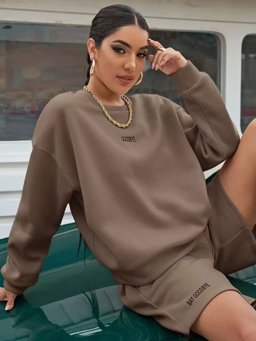 SHEIN Unity Trajes de Dos Piezas para Mujer Bolsillo Lazo delantero Letras Casual - Caqui - Ver 1