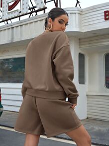 SHEIN Unity Trajes de Dos Piezas para Mujer Bolsillo Lazo delantero Letras Casual - Caqui - Ver 2