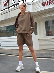 SHEIN Unity Trajes de Dos Piezas para Mujer Bolsillo Lazo delantero Letras Casual - Caqui - Ver 6