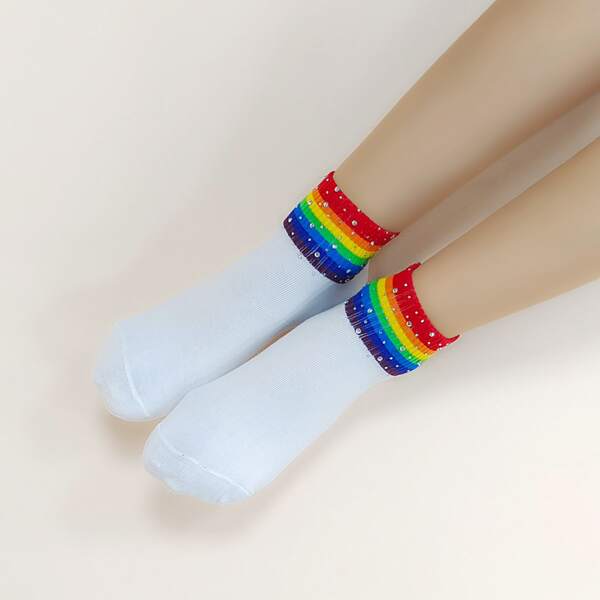 

Rhinestone Decor Crew Socks, White