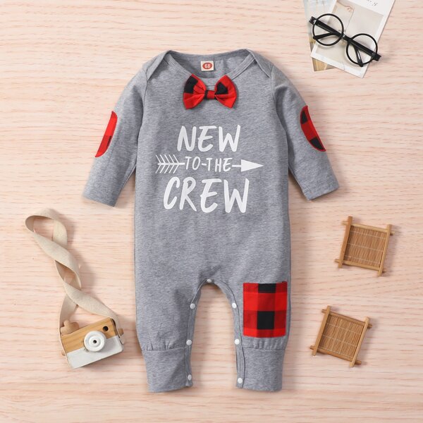 

Baby Letter Graphic Bow Front Jumpsuit, Light grey