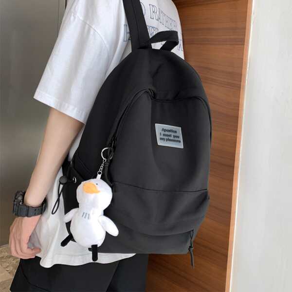 

Letter Graphic Functional Backpack With Bag Charm, Black