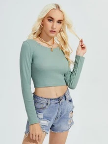 SHEIN EZwear Solid Long Sleeve Tee - Mint Green - View 5