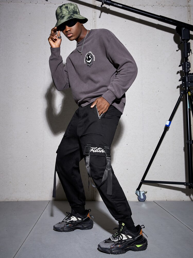 Manfinity Cordão Bolso Tipo Carta Estilos de Rua Calças Masculina - Preto - Visão 3