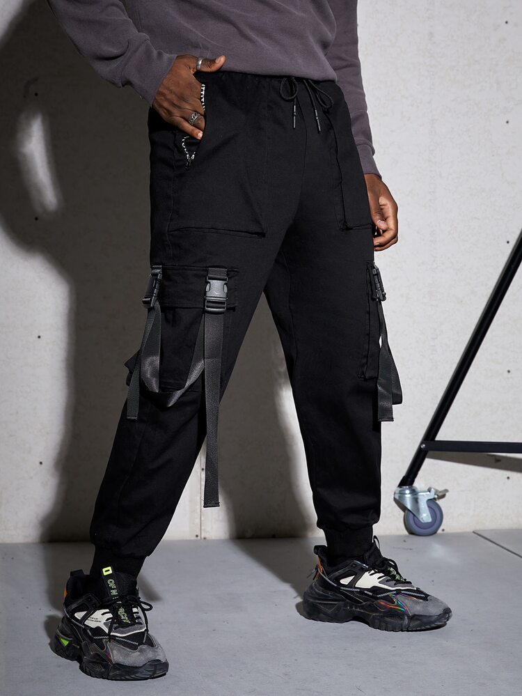 Manfinity Cordão Bolso Tipo Carta Estilos de Rua Calças Masculina - Preto - Visão 6