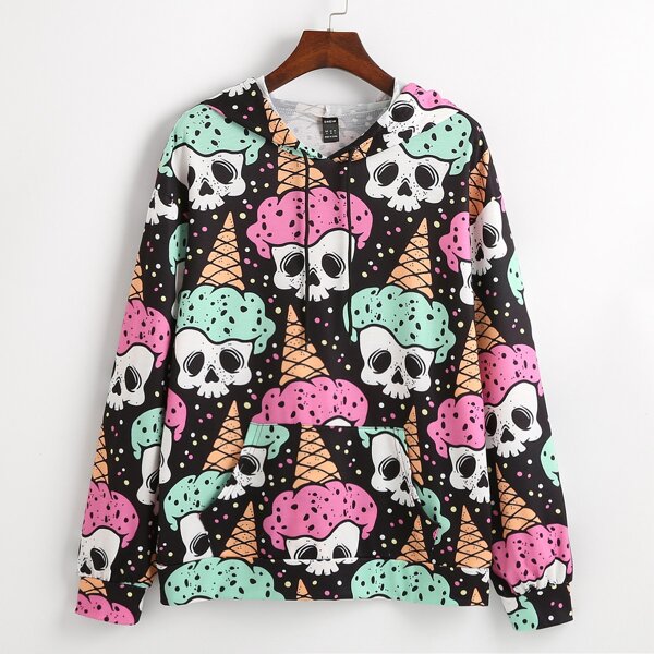 

Plus Skull Print Kangaroo Pocket Drawstring Hoodie, Multicolor