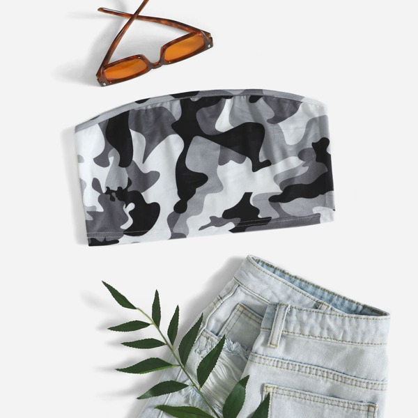 

Camo Pattern Tube Top, Black and white