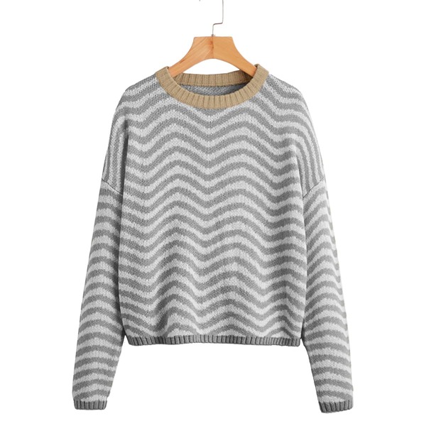 

Striped Pattern Contrast Collar Drop Shoulder Sweater, Grey