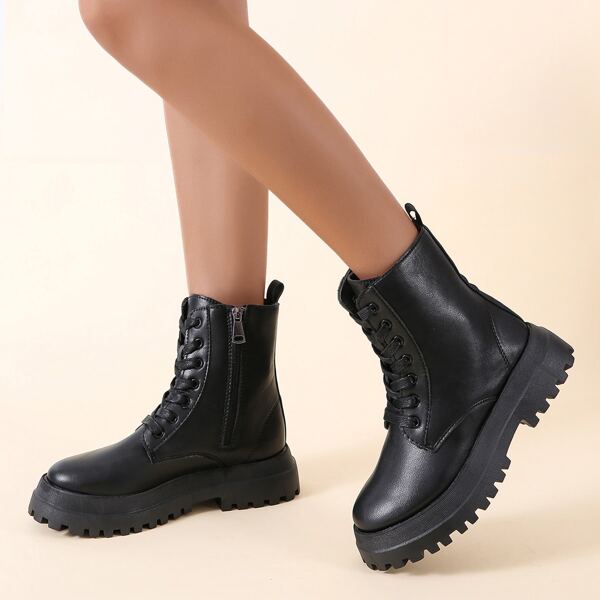 

Side Zip Lace-up Front Combat Boots, Black