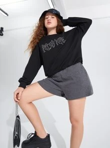 SHEIN Teen Girls Elastic Waist Slant Pocket Solid Track Shorts - Dark Grey - View 1