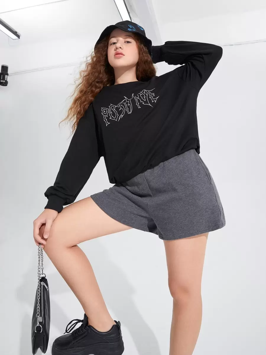 SHEIN Teen Girls Elastic Waist Slant Pocket Solid Track Shorts - Dark Grey - View 1