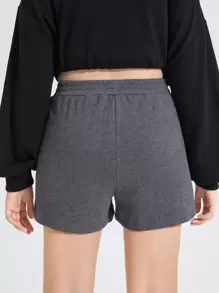 SHEIN Teen Girls Elastic Waist Slant Pocket Solid Track Shorts - Dark Grey - View 2