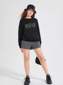 SHEIN Teen Girls Elastic Waist Slant Pocket Solid Track Shorts - Dark Grey - View 3