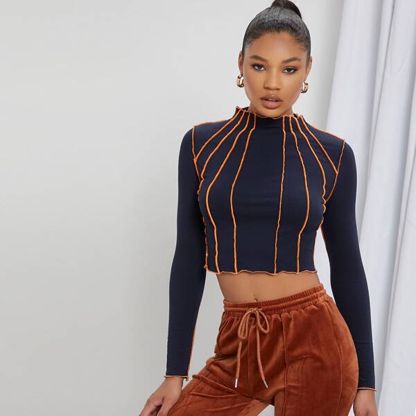 

Mock Neck Top-stitching Lettuce Trim Crop Tee, Multicolor