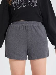 SHEIN Teen Girls Elastic Waist Slant Pocket Solid Track Shorts - Dark Grey - View 4