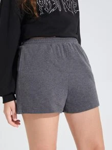 SHEIN Teen Girls Elastic Waist Slant Pocket Solid Track Shorts - Dark Grey - View 5
