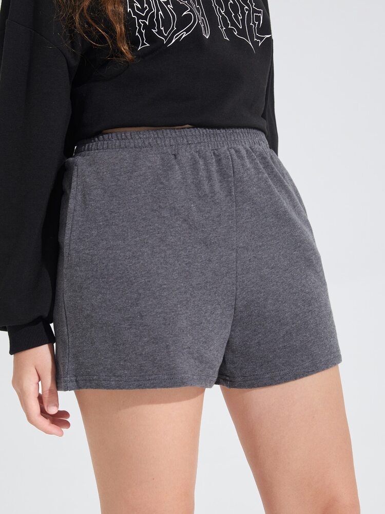 SHEIN Teen Girls Elastic Waist Slant Pocket Solid Track Shorts - Dark Grey - View 5