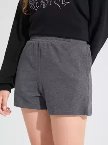SHEIN Teen Girls Elastic Waist Slant Pocket Solid Track Shorts - Dark Grey - View 6