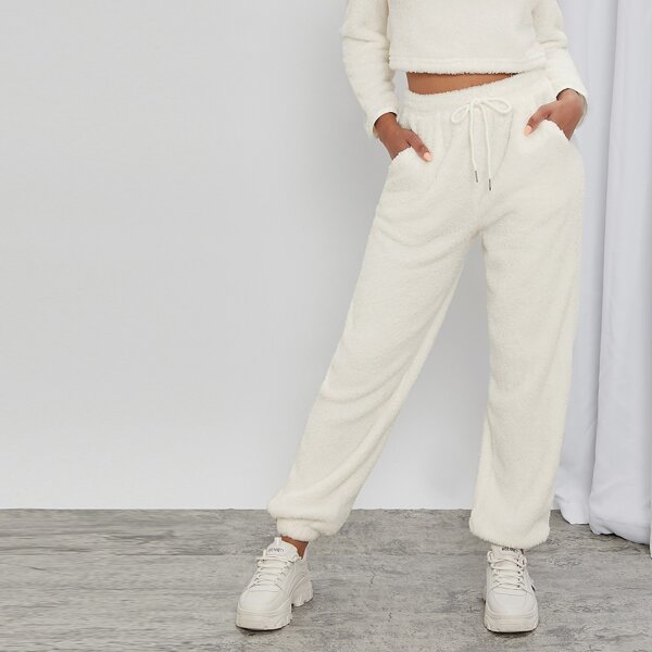 

Slant Pocket Drawstring Waist Teddy Pants, Beige
