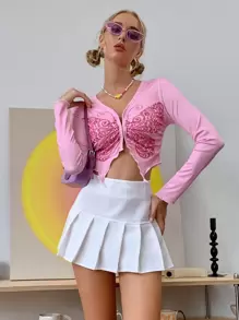 SHEIN ICON 90年代蝴蝶圖案鉤眼扣前上衣 - 淺粉色 - 查看 1