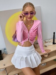 SHEIN ICON 90年代蝴蝶圖案鉤眼扣前上衣 - 淺粉色 - 查看 5