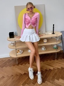 SHEIN ICON 90年代蝴蝶圖案鉤眼扣前上衣 - 淺粉色 - 查看 6