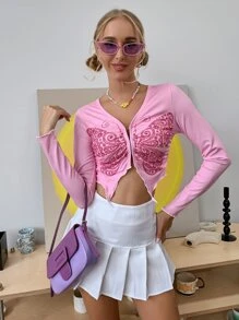 SHEIN ICON 90年代蝴蝶圖案鉤眼扣前上衣 - 淺粉色 - 查看 7