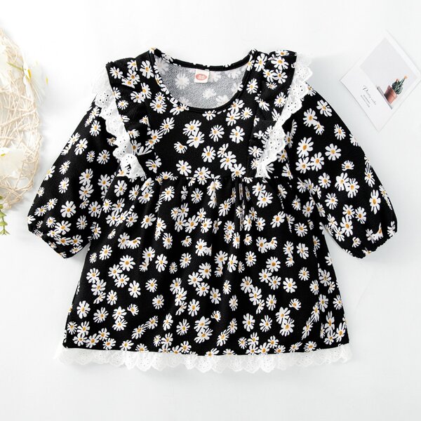

Baby Floral Print Ruffle Trim Lantern Sleeve Dress, Multicolor