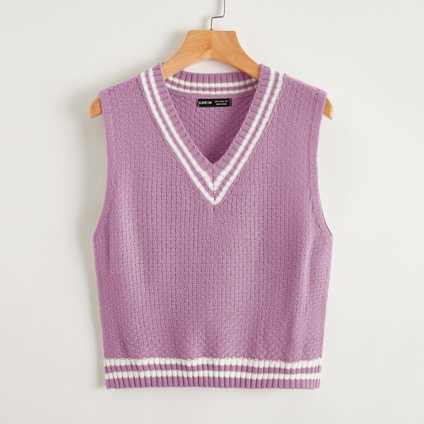

V Neck Striped Pattern Sweater Vest, Lilac purple