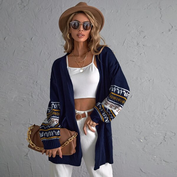 

Graphic Pattern Dual Pocket Drop Shoulder Open Front Cardigan, Navy blue