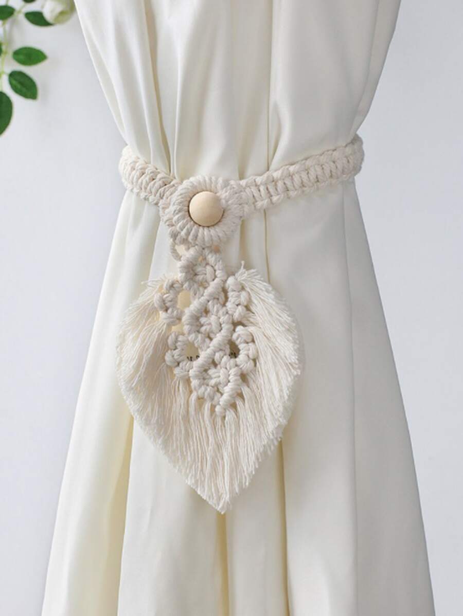 1入組編織樹葉形狀後綁帶窗簾 - 白色 - 查看 1