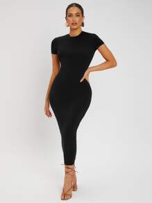 SHEIN SXY Summer Round Neck Black Tight Cap Sleeve Short Sleeve Sexy Dress,Business Casual Woman - Black - View 1