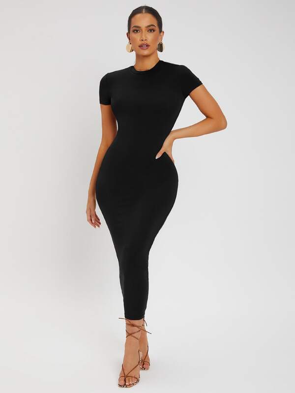SHEIN SXY Summer Round Neck Black Tight Cap Sleeve Short Sleeve Sexy Dress,Business Casual Woman