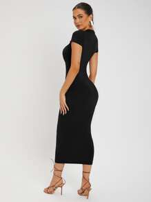 SHEIN SXY Summer Round Neck Black Tight Cap Sleeve Short Sleeve Sexy Dress,Business Casual Woman - Black - View 2