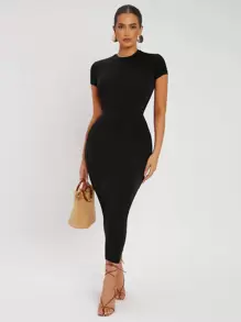 SHEIN SXY Summer Round Neck Black Tight Cap Sleeve Short Sleeve Sexy Dress,Business Casual Woman - Black - View 3