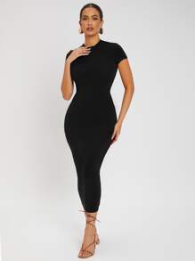 SHEIN SXY Summer Round Neck Black Tight Cap Sleeve Short Sleeve Sexy Dress,Business Casual Woman - Black - View 4