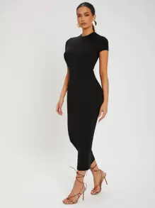 SHEIN SXY Summer Round Neck Black Tight Cap Sleeve Short Sleeve Sexy Dress,Business Casual Woman - Black - View 5