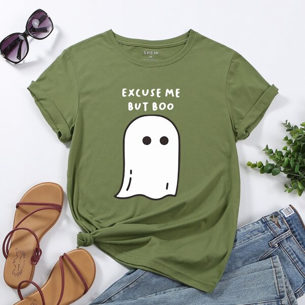 

Halloween & Letter Graphic Short Sleeve Tee, Army green