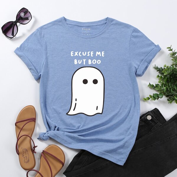 

Halloween & Letter Graphic Short Sleeve Tee, Blue