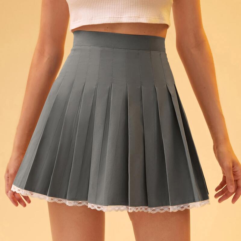 

Contrast Lace Pleated Skirt, Grey