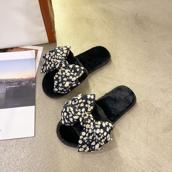 

Daisy Floral Bow Decor Bedroom Slippers, Black