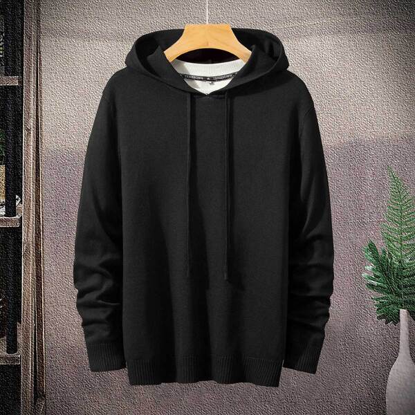 

Men Solid Drawstring Hooded Sweater, Black