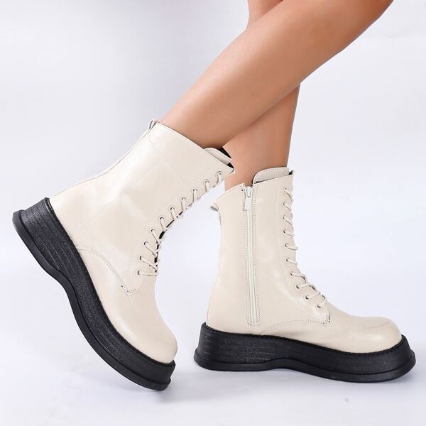 

Minimalist Lace-up Side Zip Boots, Beige