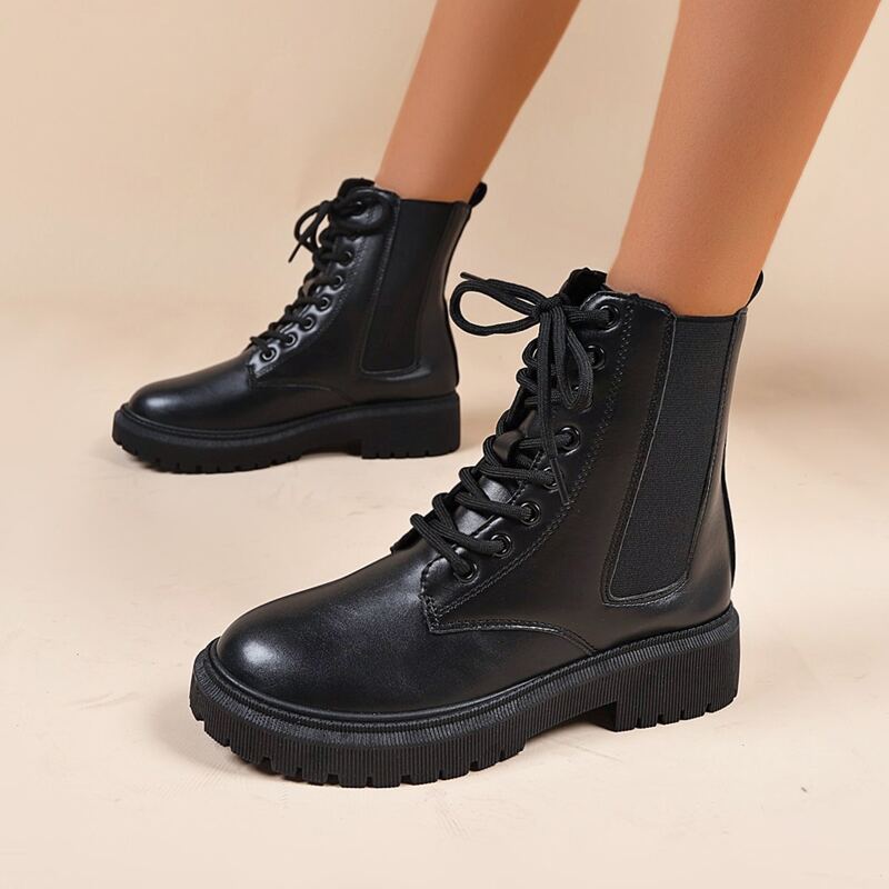 

Solid Lace Up Front Combat Boots, Black