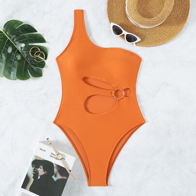 Plain Cut-out Ring Linked One Piece Swimsuit