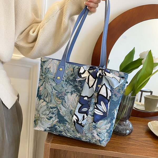 

Floral Graphic Scarf Decor Shoulder Tote Bag, Multicolor